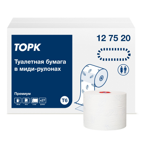 127520 Tork Premium туалетная бумага Mid-size в миди-рулонах мягкая, 2сл., 90 м, 27рул.*упак.
